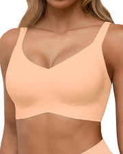 Womens Seamless Bras, Wireless Full Coverage Push Up Bras, Comfortable Support Bralette with V Neck - Peach