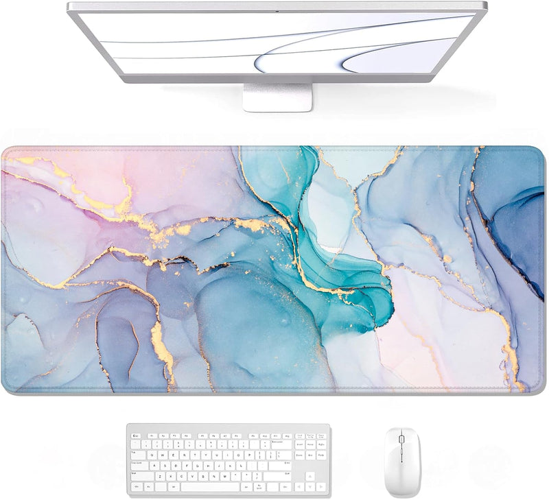 Auhoahsil Desk Pad, XXL Large Mouse Extended Gaming Mousepad, Cute Mat for Women, Big Office Accessories Pad Computer Keyboard and Laptop, 35.5 x 15.7 Inch, Pretty Pink Flowers, Girly Flowers - Blue Pink Marble XXL - Extended size 35.6”x15.8”
