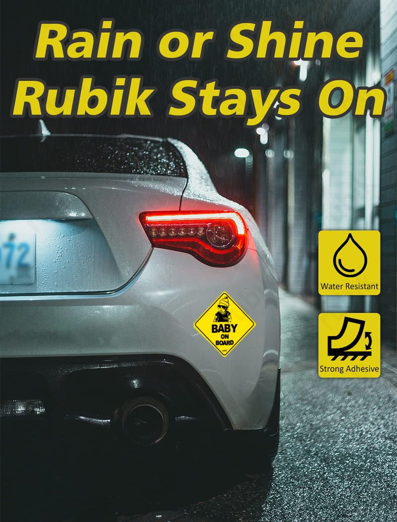 Rubik Baby on Board Car Sign Self Adhesive Sticker, 1pc Reflective Kids Safety Warning Cute Design for Car Rear Window Bumper Universal Fit (12x12cm)