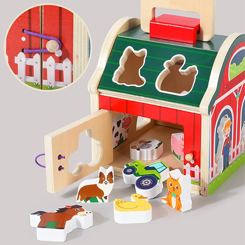 AM ANNA Wooden Farm Animals Shape Sorter Toys, Take-Along Sorting Wooden Barn Toy with Roof and Handle,Montessori Learning Toys for Fine Motor Games for Toddlers 1 2 3 Year Old
