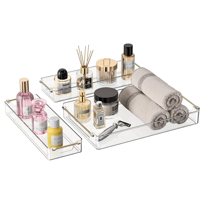 TenSteed Bathroom Trays,Vanity Tray with Gold Handles, Multi-Purpose Storage Organiser Set for Kitchen, Bathroom and Dining Table, Non-Slip Base (Transparent)