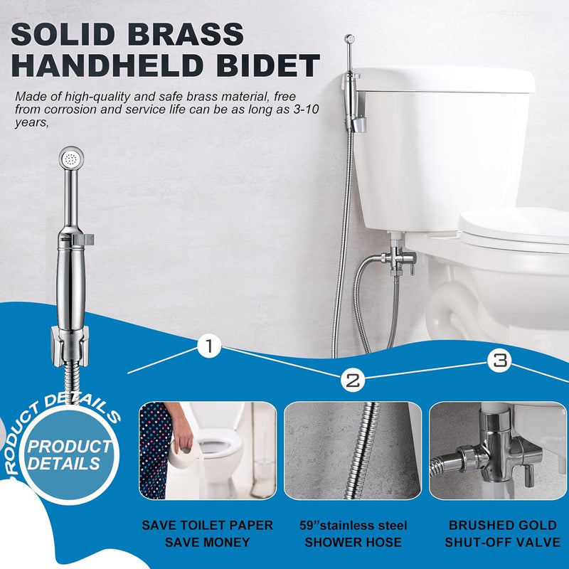 SonTiy All Brass Handheld Bidet Sprayer for Toilet, Cloth Diaper Toilet Sprayer Bidet Attachment with Backflow Preventer and Brass Valve Core for No-Leak, Polished Chrome, 5-Year Warranty