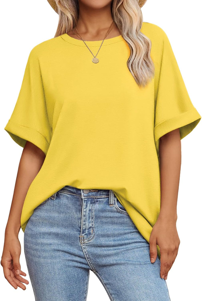 Womens Oversized T Shirts Loose Fit Crewneck Short Sleeve Summer Casual Blouse 2024 Y2K Tee Tops - Lemon Yellow