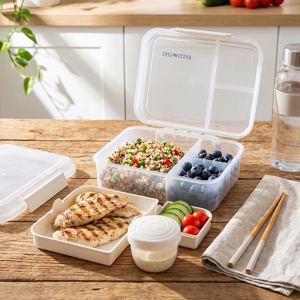 3/4/5 Compartment Convertible 1650ml Bento Lunch Box with 150ml Gravy Bowl - Grey