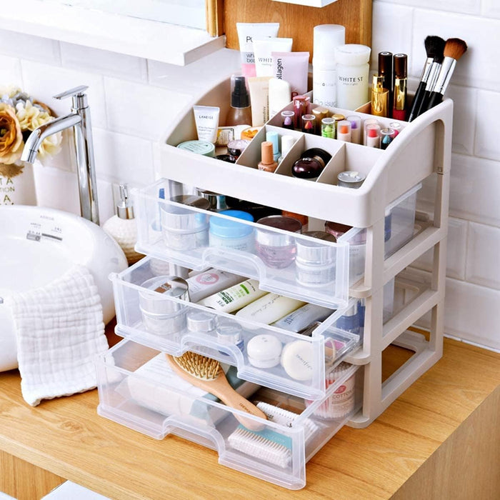 Makeup Organizer for Vanity, Skincare Organizers with 3 Drawers, Cosmetics Organizer for Skin Care, Eyeshadow, Brushes, Lipstick, Powders, Nail Polish.Great for Dresser, Bedroom, Bathroom (White)