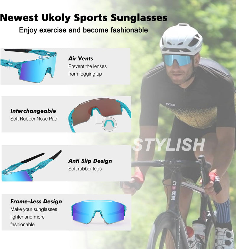 Ukoly Cycling Sunglasses for Men Women with 3 Interchangeable Lenses, Polarized Sports Sunglasses, Baseball Sunglasses