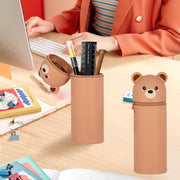 Kawaii Silicone Pencil Case, Stand Up Pen 2-In-1 Table Holder, Zip, Bag, Colouring Pencils, Marker, Case Animals, Panda, Briefcase, Office Supplies, Brown Bear