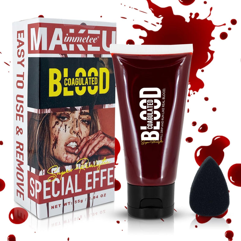 immetee Fake Blood Gel, Sfx Blood Gel with Stipple Sponge, Sfx Fake Blood Makeup Kit, Halloween Coagulated Stage Blood Specail Effects Makeup Face Body Paint. 55g - 55g