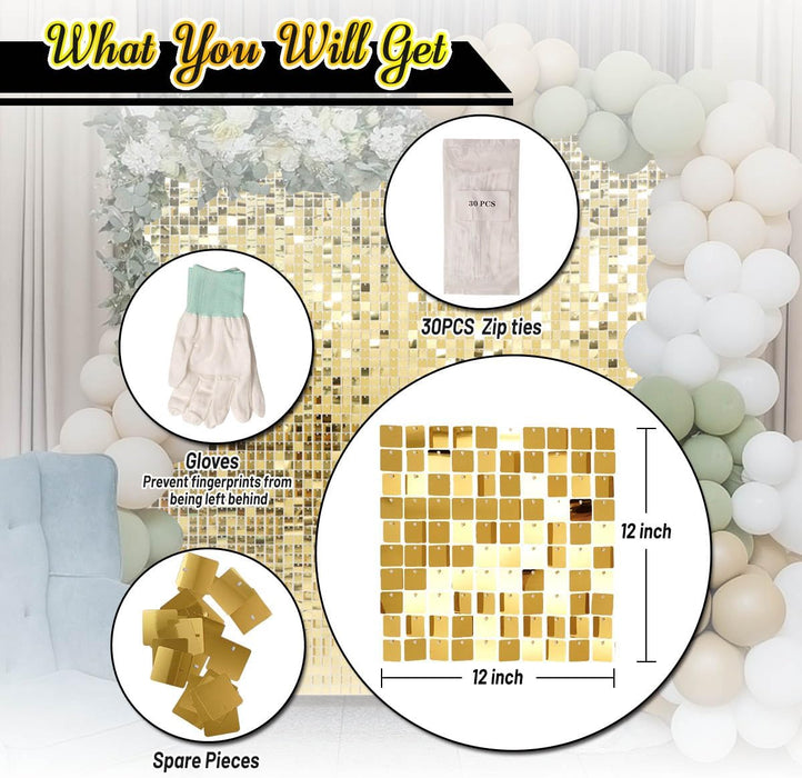 Kate Square Gold Shimmer Wall Sequin Panel Backdrop Birthday Wedding Background Decoration Wall(Pack of 12)