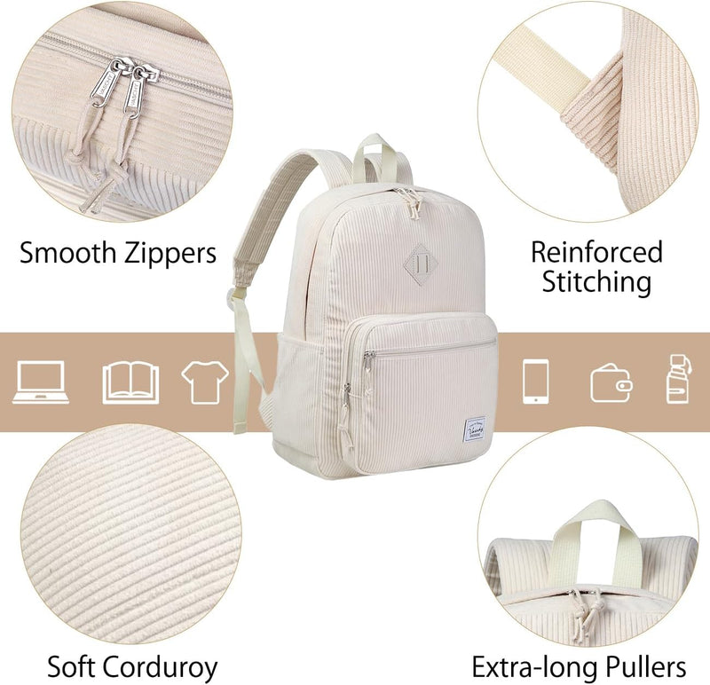 Corduroy Backpack for Men Women, VASCHY Casual Cute Fleece School Bag 15.6 inch Lightweight Daypack for Teens/Men/Women Travel