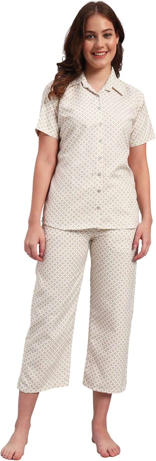 Womens Cotton Night Wear half sleeve button down collared shirt & Pyjama Set Sleepwear Night suit lounge wear - Blue