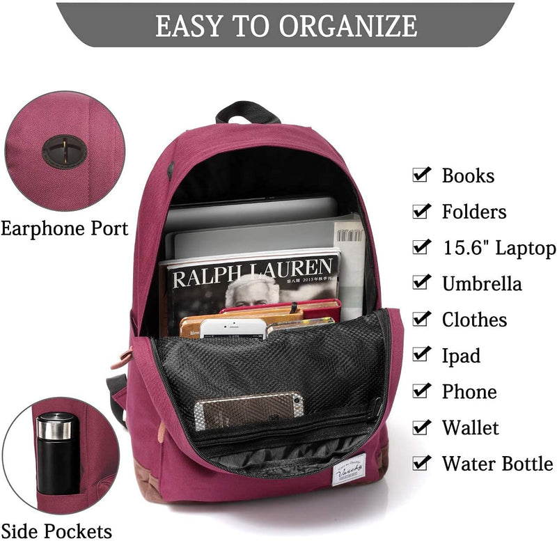 VASCHY Men's Backpack, Women's Waterproof School Bag, Boy Girl Computer 15.6 Inch Vintage for School, College, Work, Travel, Leisure