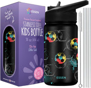Kids Water Bottle Stainless Steel for School Girls with Straw Vacuum Insulated Water Bottle BPA-Free Leak-Proof Baby Toddler Water Bottle Double Walled Bottle for Kids 532 ml/18 oz (Unicorn) - 414ml - Football