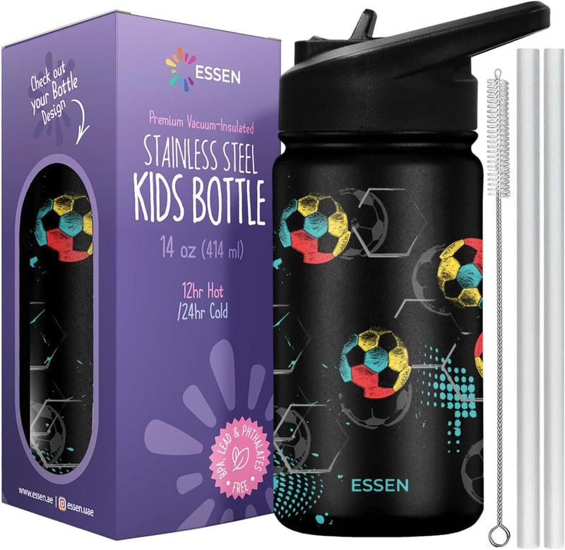 Kids Water Bottle Stainless Steel for School Girls with Straw Vacuum Insulated Water Bottle BPA-Free Leak-Proof Baby Toddler Water Bottle Double Walled Bottle for Kids 532 ml/18 oz (Unicorn) - 414ml - Football