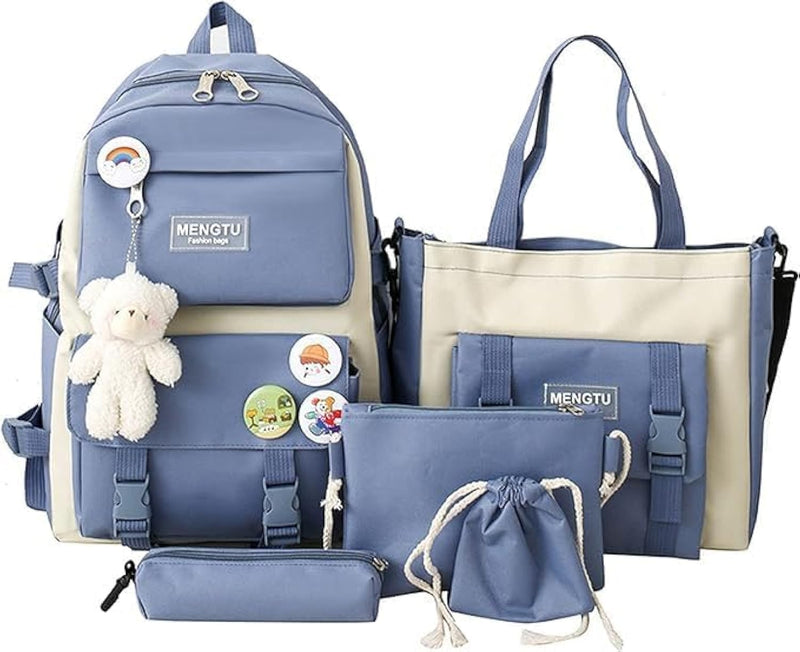GGEROU Kids Backpack set 5Pcs Aesthetic School Bags,Aesthetic Backpack Cute Kawaii School Bag with Pendant Lunch Bag,Pencil Case,Handbag,Coin Purse