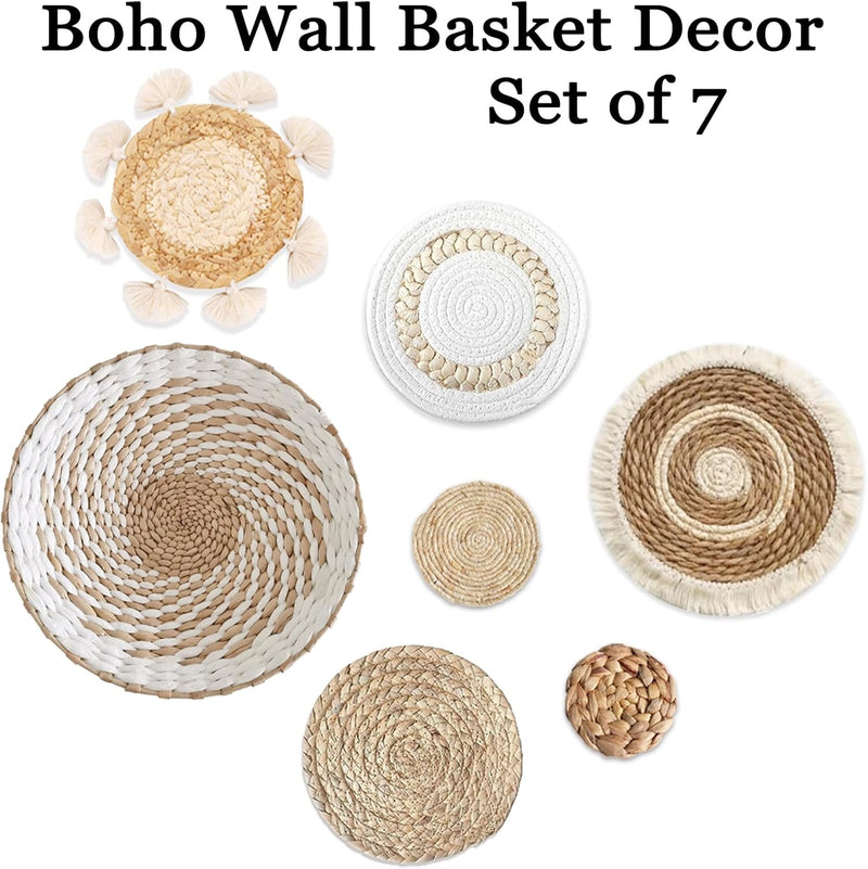 Dimpola 7 Pack Boho Wall Basket Decor - Seagrass Rattan Wicker Wall Decor Round Handmade Hanging Rustic Flat Elegant Wall Art for Farmhouse Living Rooms Bedrooms Display Table Settings Kitchen Home