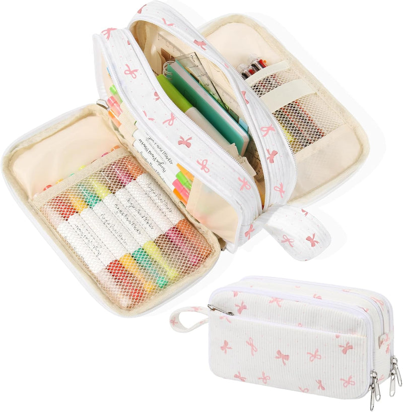 BuyCard Large Capacity Cute Pencil Case, Aesthetic Pen Pouch, White with Pink Bow Pattern Pencil Bag, Kawaii Stationery Storage and Organizer, Supplies for Teen and Adult Girls - Pink Bow