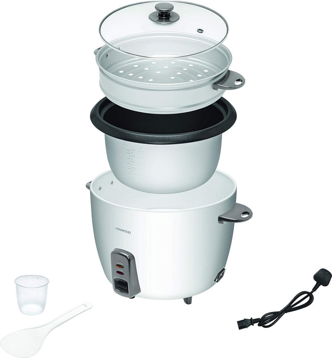 KENWOOD 2-in-1 Rice Cooker 2.8L 16-Cups Rice with Food Steamer Basket, Non-Stick Cooking Pot, Temepered Glass Lid, Warm/Cook Lights, Spatula Holder, Detachable Cord RCM71.000SS Silver