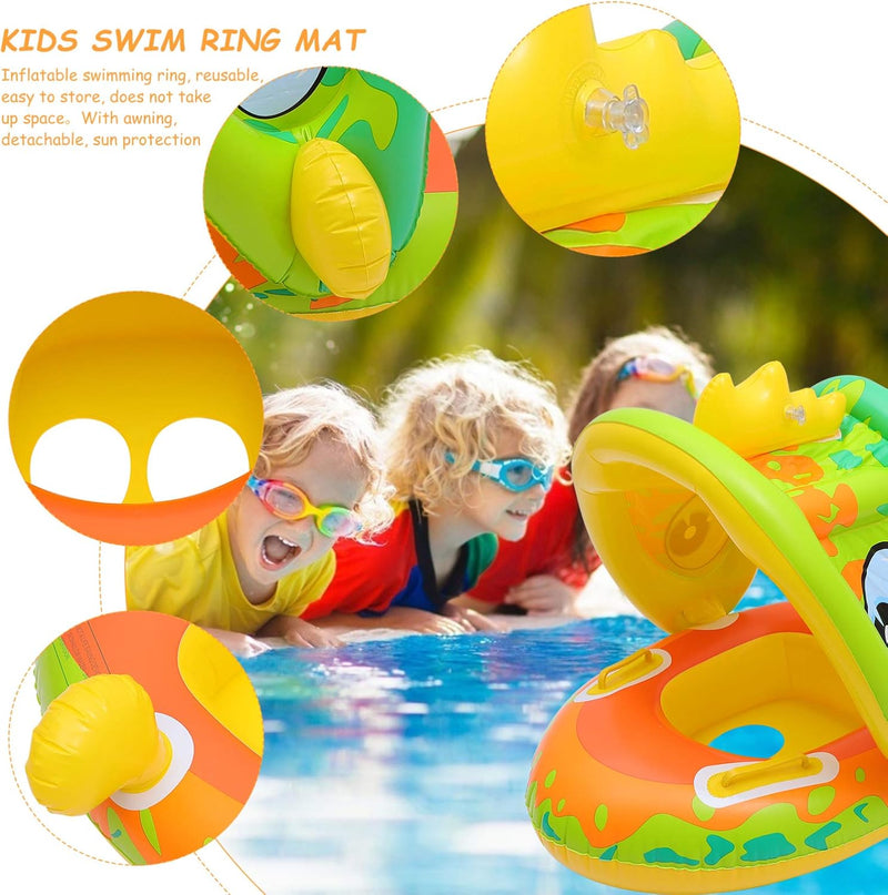 Baby Swimming Float Ring Dinosaur Shaped Inflatable Baby Pool Float Ring with Sun Canopy Waist Swim Water Toys Accessories for Toddler Age of 3-36 Months