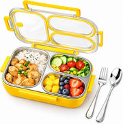 304 Stainless Steel Bento Box 750ml Leakproof 3 Compartment Lunch Box Container with Spoon and Fork Food Grade Metal Lunchbox Dishwasher Safe for Kids Adults School Work Picnic - Yellow 750ml