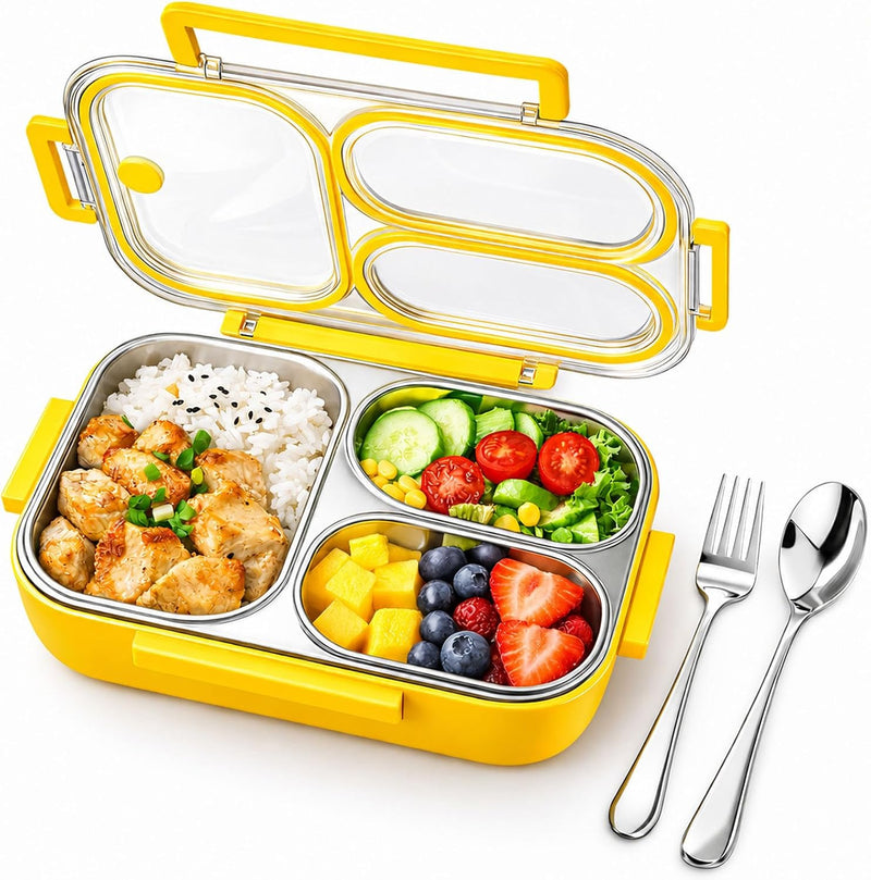 304 Stainless Steel Bento Box 750ml Leakproof 3 Compartment Lunch Box Container with Spoon and Fork Food Grade Metal Lunchbox Dishwasher Safe for Kids Adults School Work Picnic - Yellow 750ml