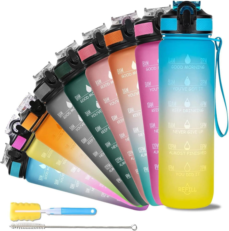 Unbreakable Water Bottle 1 Litre with Motivational Time Marker, Leakproof Durable BPA-Free Non-Toxic Water bottle for office,Water bottle for gym Detoxing eBook included Hunter Green with Motivational Time Marker - 1 ÙÙØªØ± Yellow Blue