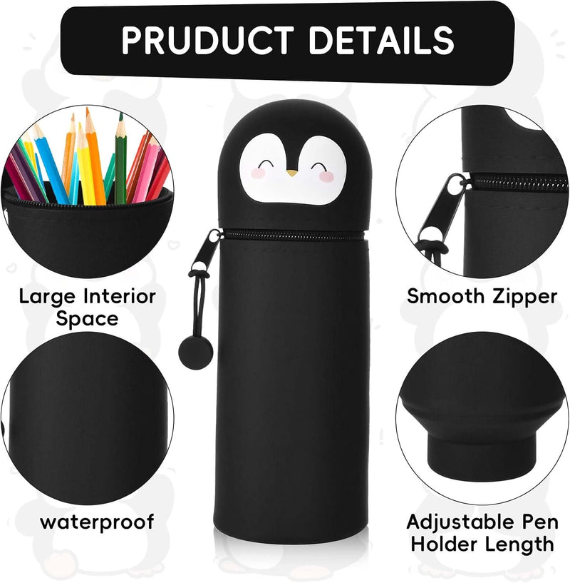 2 in 1 School Pencil Case, Silicone Pencil Case with Animal Design, Zip Pen Bag, Stand Up Silicone Pencil Case, Cute Penguin Pen Holder, Pencil Case for School, Office