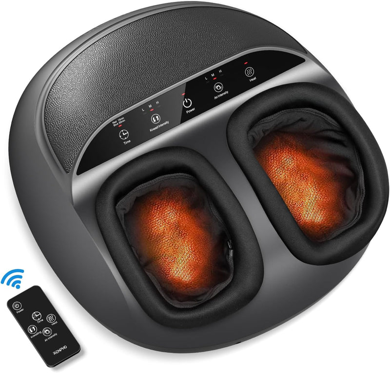 Foot Massager Machine with Heat and Remote, Shiatsu Deep Kneading, Delivers Relief for Tired Muscles and Plantar Fasciitis,Fits feet up to Unisex Size 12-Black - Remote Control