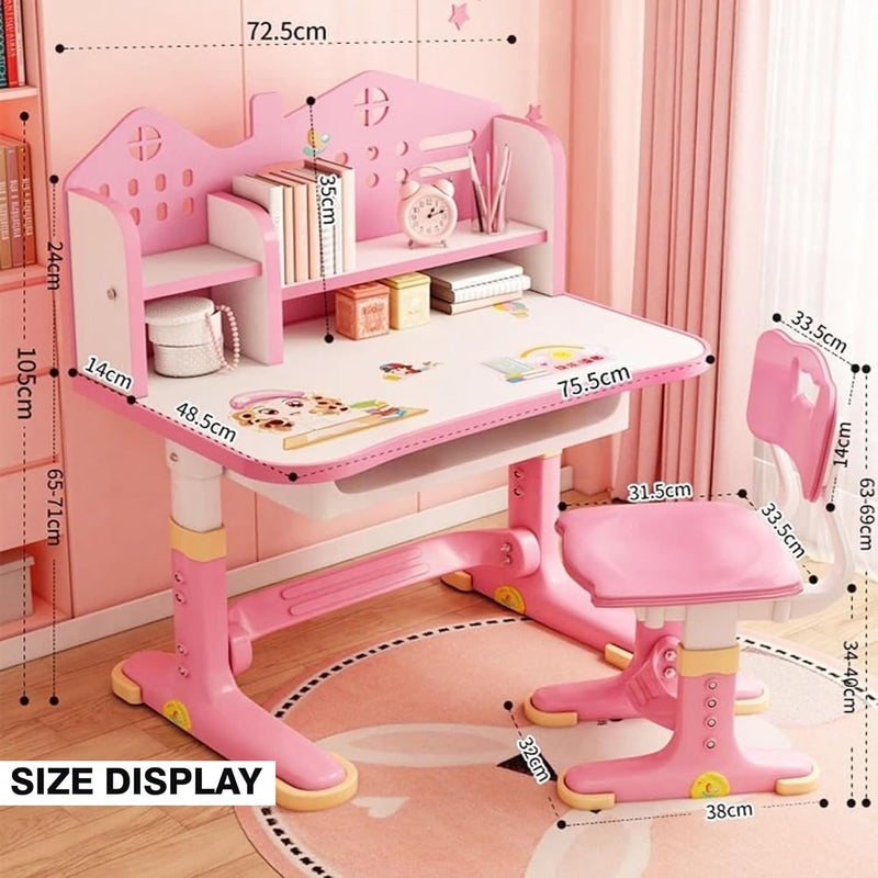 Height Adjustable Kids Desk and Chair Set, Study Table with Bookshelf & Drawer, Ergonomic School Desk Set for Boys & Girls, Bedroom Furniture for Children