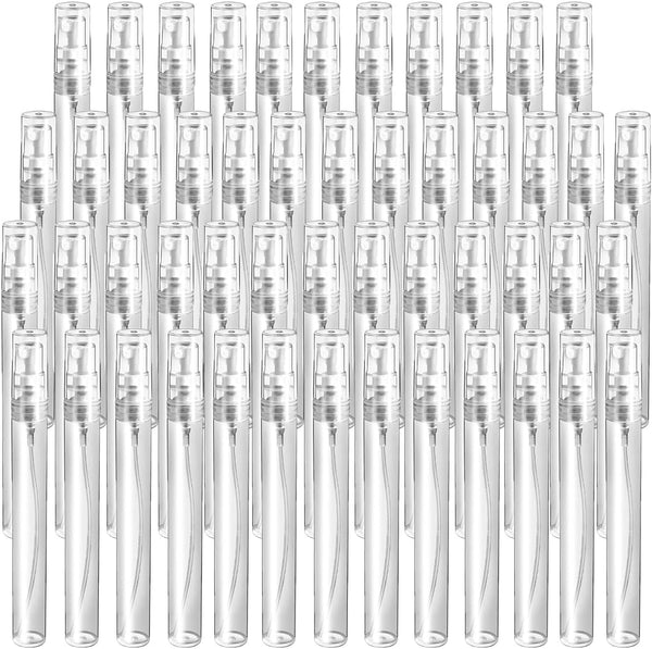 50 Pcs Mini Perfume Sample Bottle 10ml Clear Spray Bottle Empty Glass Fine Mist Refillable Dispensing Bottles Atomizer Portable Small Travel Containers for Essential Oil Liquid Cosmetic Tool