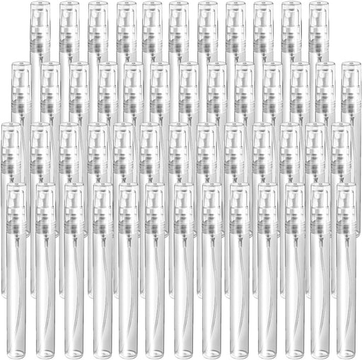 50 Pcs Mini Perfume Sample Bottle 10ml Clear Spray Bottle Empty Glass Fine Mist Refillable Dispensing Bottles Atomizer Portable Small Travel Containers for Essential Oil Liquid Cosmetic Tool