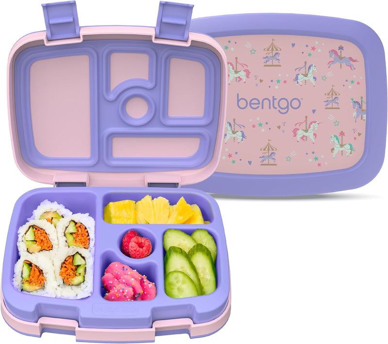 Bentgo Kids Prints Leak-Proof, 5-Compartment Bento-Style Kids Lunch Box - Ideal Portion Sizes for Ages 3 to 7 - BPA-Free, Dishwasher Safe, Food-Safe Materials (Dino Fossils) - Carousel Unicorns