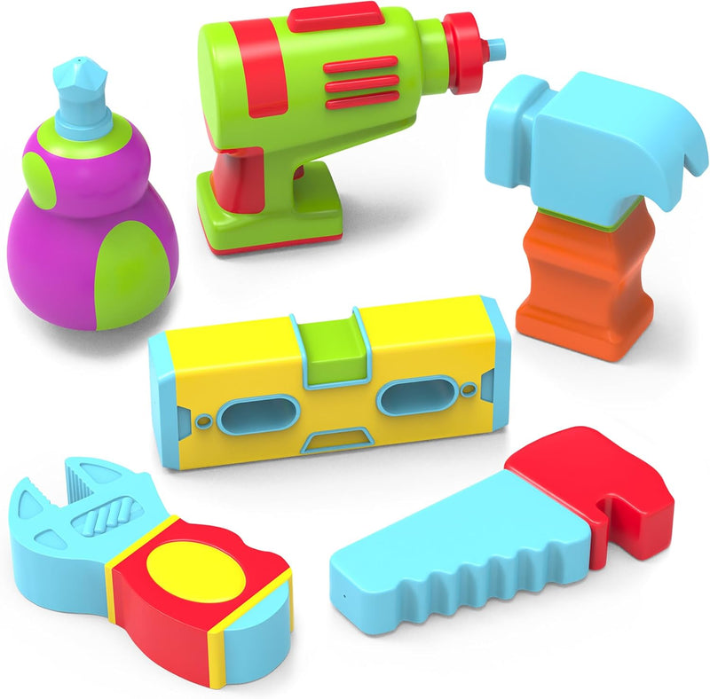 Tub Works® Tools™ Mold Free Bath Toys, 6 Pack | Sealed, No Hole Bath Toys Design Keeps Moisture Out | Soft, Squeezable & Float on Water | Easy-Grip Baby & Toddler Bath Toys | Fun Tools Kids Bath Toys