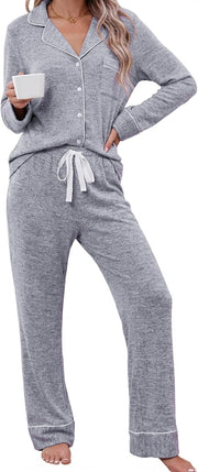 Button Up Pajama Set For Women Long Sleeve Shirt And Pajama Pants Soft Pjs Lounge Sets - Thickened Gray