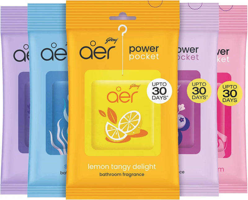 Godrej aer Power Pocket Air Freshener- Bathroom And Toilet Lasts Up To 30 Days Assorted Pack Of 5 (50G), Multicolour, 40017848 - Floral 10 g (Pack of 5)