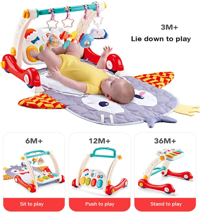 2 in 1 Baby Gym Play Mat & Baby Learning Walker,Baby Activity Mat with Removable Play Piano Panel,Musical Activity Center with Lights, Baby Push Walkers & Tummy Time Mat for Infant Newborn Toddlers
