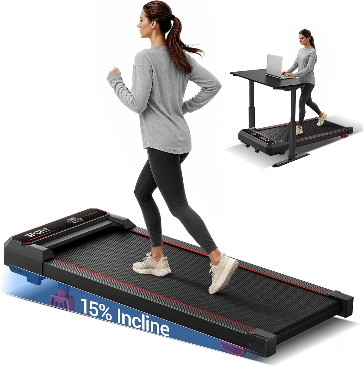 15% Incline Under Desk Walking Pad Treadmill with Vibration 10KM/H 3.0HP Under Desk Treadmills with 8 Speed Levels 120KG Capacity Quiet Compact Portable Design with Remote Control & Led Display – image 1