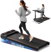 15% Incline Under Desk Walking Pad Treadmill with Vibration 10KM/H 3.0HP Under Desk Treadmills with 8 Speed Levels 120KG Capacity Quiet Compact Portable Design with Remote Control & Led Display - Black