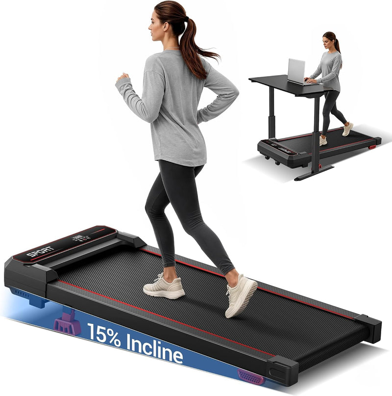 15% Incline Under Desk Walking Pad Treadmill with Vibration 10KM/H 3.0HP Under Desk Treadmills with 8 Speed Levels 120KG Capacity Quiet Compact Portable Design with Remote Control & Led Display - Black