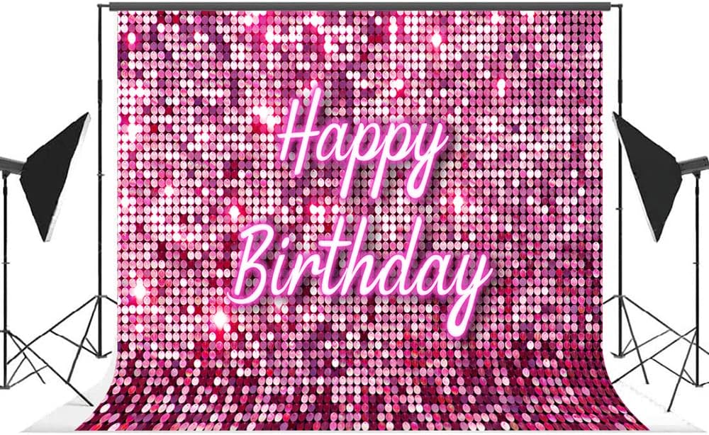 Lofaris Pink Flash Square Backdrop for Photography Happy Birthday Shinning Sequin Wall Panels Shimmer Wall Sweet 16 Girl Woman 20th 30th 40th Party Background Decorations Photo Studio Props 7x5ft