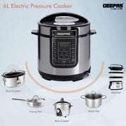1000W 7-in-1 Electric Pressure Cooker, Steamer 6L Digital Multicooker Stainless Steel/Black 14 Cooking Modes, Automatic Keep Warm & 24 Hours Preset Function 2 Years Warranty