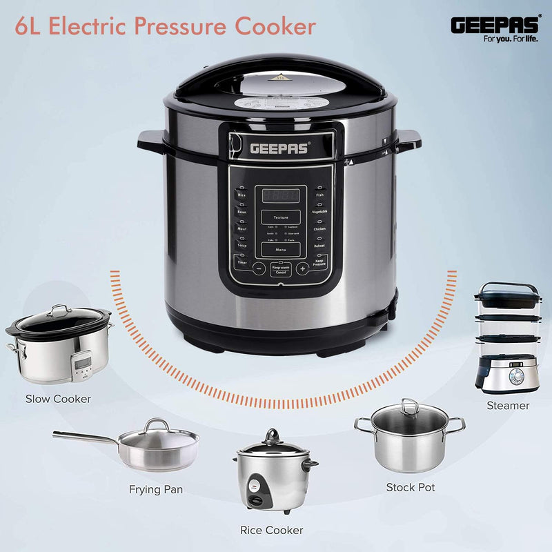 1000W 7-in-1 Electric Pressure Cooker, Steamer 6L Digital Multicooker Stainless Steel/Black 14 Cooking Modes, Automatic Keep Warm & 24 Hours Preset Function 2 Years Warranty