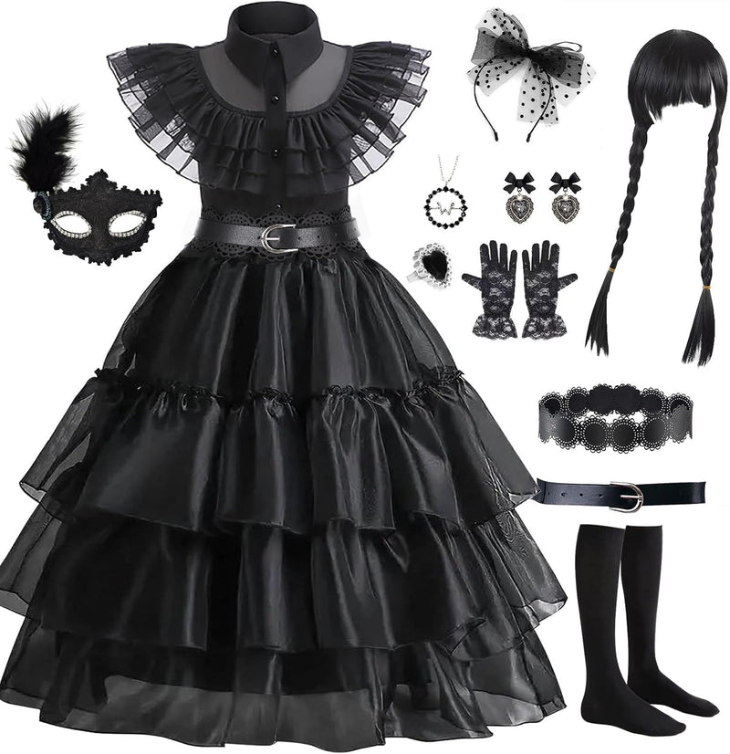 14 Pack Wednesday Black Costume, Wednesday Girls Dress, Kids/Teens Black Family Costumes, Girls Halloween Costumes Perfect for Halloween, Cosplay, and Parties
