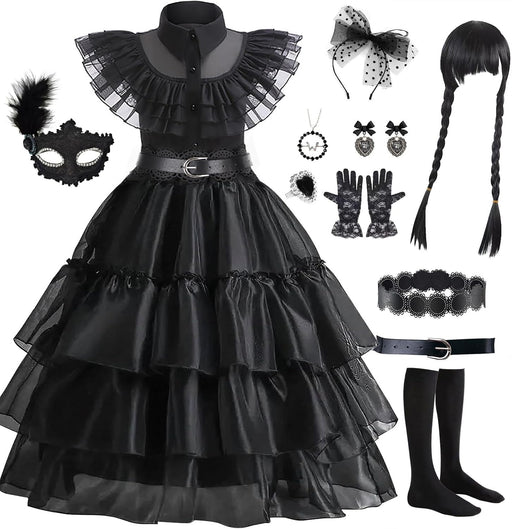 14 Pack Wednesday Black Costume, Wednesday Girls Dress, Kids/Teens Black Family Costumes, Girls Halloween Costumes Perfect for Halloween, Cosplay, and Parties