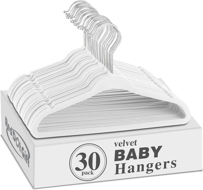 Red Dot Gift® Baby Velvet Hangers 11Inch/28cm - Nursery Clothes Hangers Non Slip Toddler Hangers, 360 Chrome Swivel Hook (White, 30)