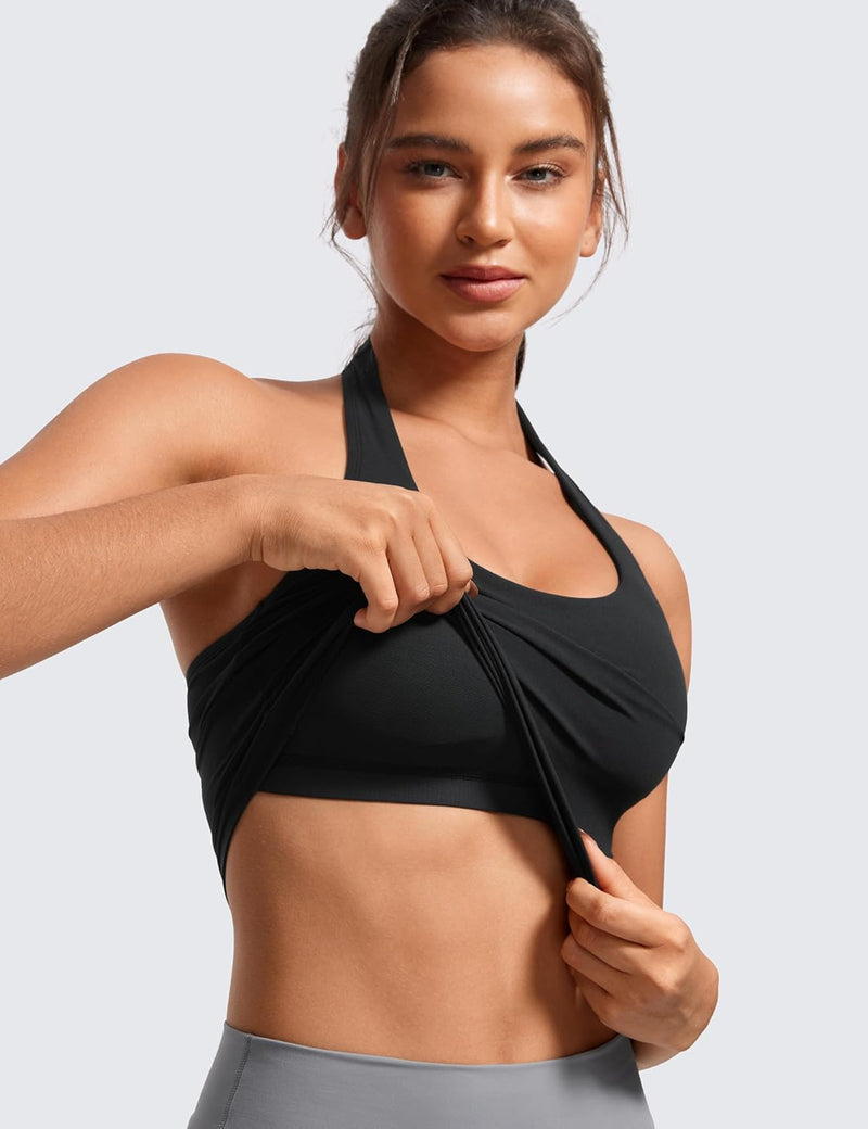 CRZ YOGA Womens Butterluxe Halter Longline Sports Bra - Padded Workout Yoga Crop Tops Tanks with Built in Pads