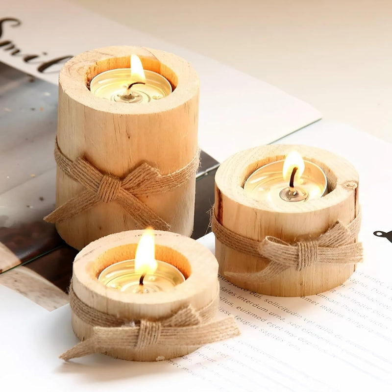 Cozy Nest 3 Piece Rustic Wooden Tea Light Cylindrical Candlestick Holders with Bowknot & Succulent Pot – Decorative Table Centerpieces for Wedding, Party, Birthday, Holiday & Home Decoration