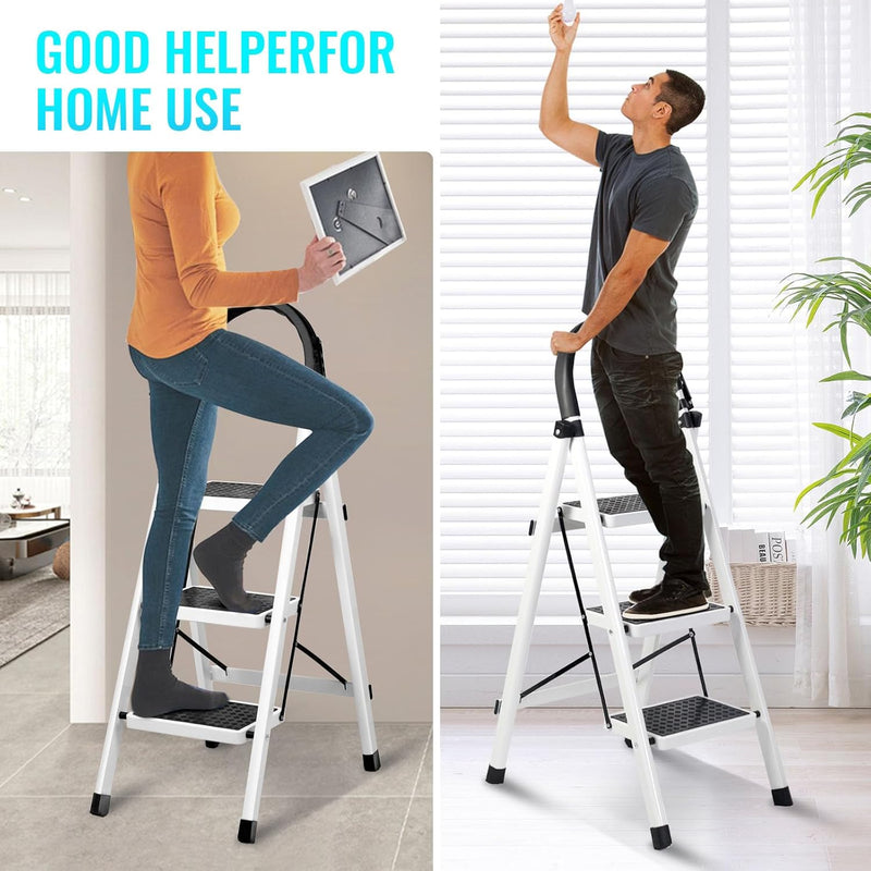 Foldable Ladder 3 Steps, Home Folding Step Stool with Wide Anti-Slip Pedal, Adults Folding Sturdy Steel Ladder for Home,Kitchen, Garden, Office