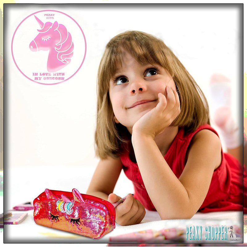 Unicorn Pencil Case for Girls, Multi Slot Large Capacity Pencil Case for Kids with Gel Pens, Eraser, Stickers & Tattoos, Eid Gift Set - Glamorous RED - Glamorous Red