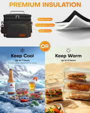 Insulated Lunch Box for Men & Women - Leak-Proof Cooler Lunch Bag with 4 Pockets, Adjustable Strap, Ideal for Work, Picnic, Travel - Medium, Black, 10.2"6.9"8.5"
